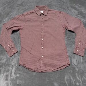 Sandro Gingham Button Down Shirt Mens XS Burgundy White Cotton Long Sleeve Slim